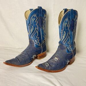 White Diamond Western Distressed Denim Cowboy Boots Size 8